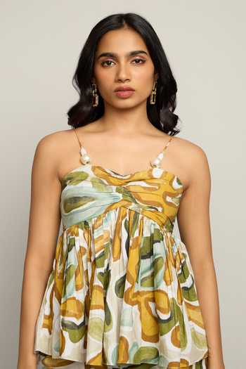 Buy_Poppi_Yellow Cotton Scoop Neck Printed Top And Pant Set _Online_at_Aza_Fashions
