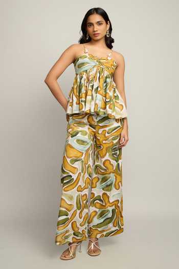 Shop_Poppi_Yellow Cotton Scoop Neck Printed Top And Pant Set _Online_at_Aza_Fashions