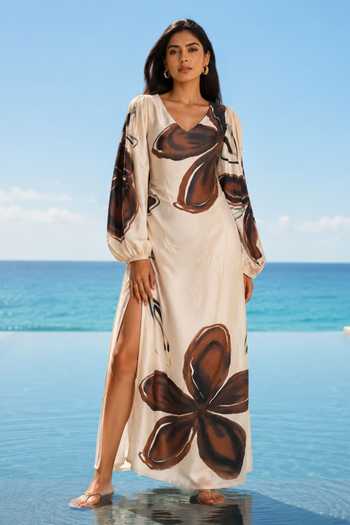 Buy_Poppi_Ivory Silk, Bemberg V-neck Floral Print Maxi Dress _at_Aza_Fashions