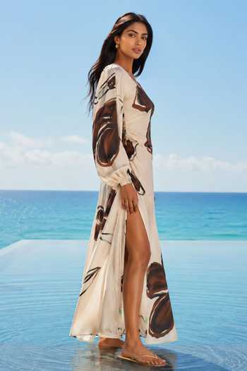Poppi_Ivory Silk, Bemberg V-neck Floral Print Maxi Dress _Online_at_Aza_Fashions