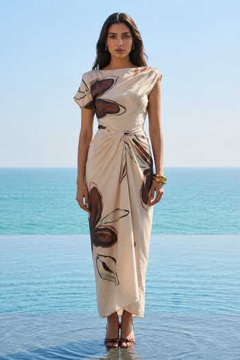 Buy_Poppi_Cream Silk, Bemberg Boat Neck Floral Print Dress _at_Aza_Fashions