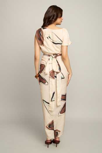 Shop_Poppi_Cream Silk, Bemberg Boat Neck Floral Print Dress _at_Aza_Fashions