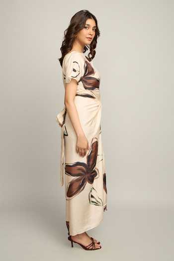 Poppi_Cream Silk, Bemberg Boat Neck Floral Print Dress _Online_at_Aza_Fashions