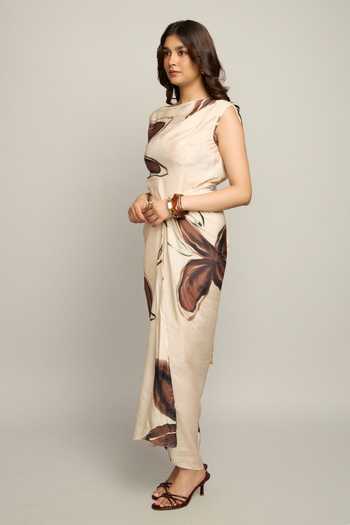 Buy_Poppi_Cream Silk, Bemberg Boat Neck Floral Print Dress _Online_at_Aza_Fashions