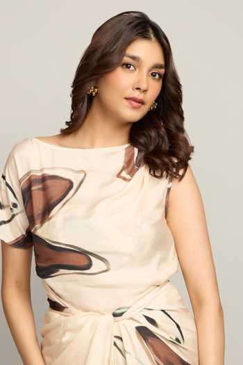 Shop_Poppi_Cream Silk, Bemberg Boat Neck Floral Print Dress _Online_at_Aza_Fashions