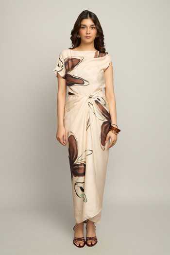 Poppi_Cream Silk, Bemberg Boat Neck Floral Print Dress _at_Aza_Fashions