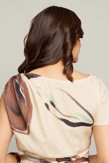 Buy_Poppi_Cream Silk, Bemberg Boat Neck Floral Print Dress 