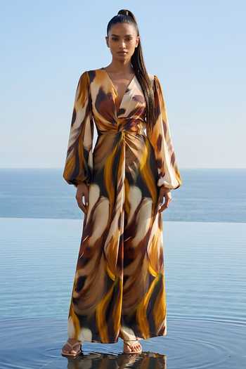 Buy_Poppi_Multi Color Silk, Bemberg V-neck Printed Maxi Dress _at_Aza_Fashions