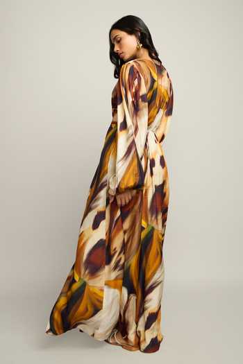 Shop_Poppi_Multi Color Silk, Bemberg V-neck Printed Maxi Dress _at_Aza_Fashions
