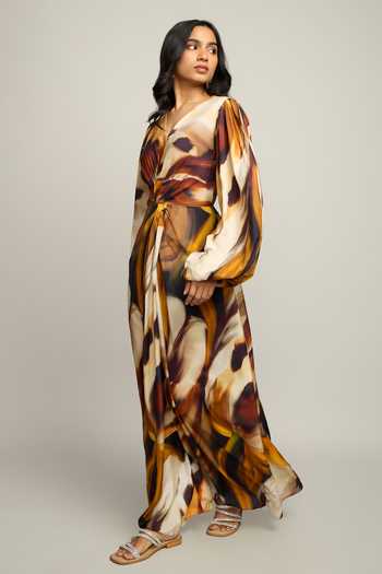 Poppi_Multi Color Silk, Bemberg V-neck Printed Maxi Dress _Online_at_Aza_Fashions
