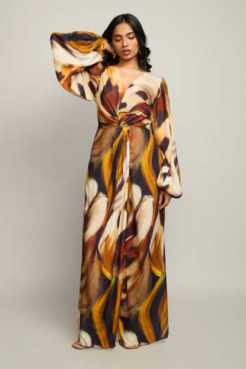 Buy_Poppi_Multi Color Silk, Bemberg V-neck Printed Maxi Dress _Online_at_Aza_Fashions