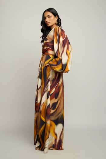 Shop_Poppi_Multi Color Silk, Bemberg V-neck Printed Maxi Dress _Online_at_Aza_Fashions