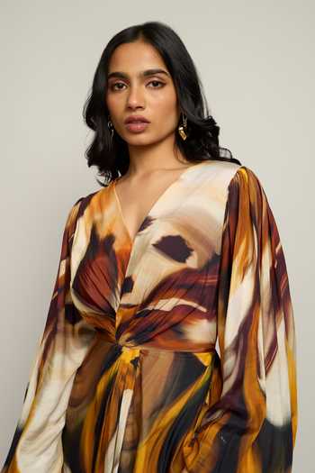 Poppi_Multi Color Silk, Bemberg V-neck Printed Maxi Dress _at_Aza_Fashions