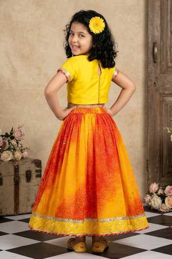 Shop_Byb Premium_Yellow Kota Doria Sequins, Embroidery, Embellished Top And Orange Skirt Set _at_Aza_Fashions