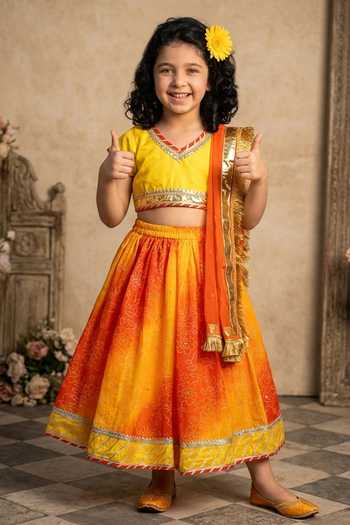 Byb Premium_Yellow Kota Doria Sequins, Embroidery, Embellished Top And Orange Skirt Set _Online_at_Aza_Fashions