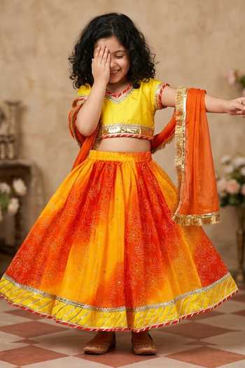 Buy_Byb Premium_Yellow Kota Doria Sequins, Embroidery, Embellished Top And Orange Skirt Set _Online_at_Aza_Fashions