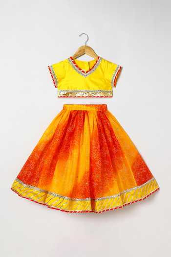 Byb Premium_Yellow Kota Doria Sequins, Embroidery, Embellished Top And Orange Skirt Set _at_Aza_Fashions