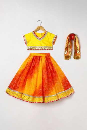 Shop_Byb Premium_Yellow Kota Doria Sequins, Embroidery, Embellished Top And Orange Skirt Set 