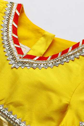 Shop_Byb Premium_Yellow Kota Doria Sequins, Embroidery, Embellished Top And Orange Skirt Set _Online