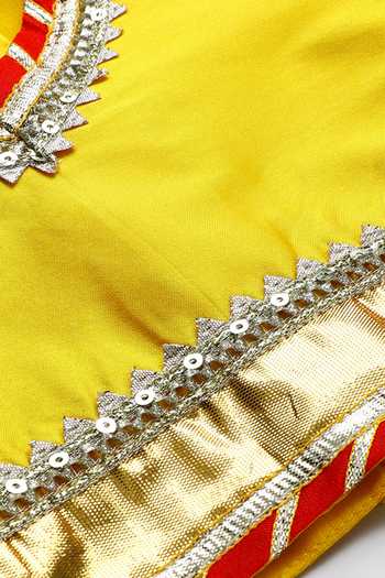 Byb Premium_Yellow Kota Doria Sequins, Embroidery, Embellished Top And Orange Skirt Set 