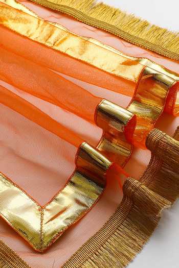 Byb Premium_Yellow Kota Doria Sequins, Embroidery, Embellished Top And Orange Skirt Set 