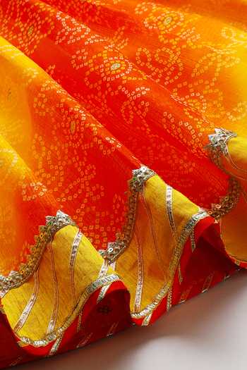 Byb Premium_Yellow Kota Doria Sequins, Embroidery, Embellished Top And Orange Skirt Set 
