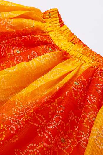 Byb Premium_Yellow Kota Doria Sequins, Embroidery, Embellished Top And Orange Skirt Set 