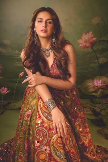 Buy_Kalista_Pink Silk, Viscose V-neck Guroor Embroidered Blouse And Skirt Set _at_Aza_Fashions