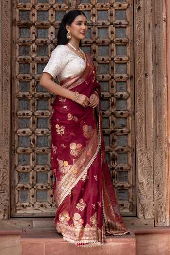 Zal From Benaras_Maroon Chiffon Handloom Saree With Unstitched Blouse Fabric _Online_at_Aza_Fashions