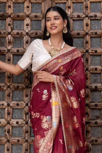 Buy_Zal From Benaras_Maroon Chiffon Handloom Saree With Unstitched Blouse Fabric _Online_at_Aza_Fashions