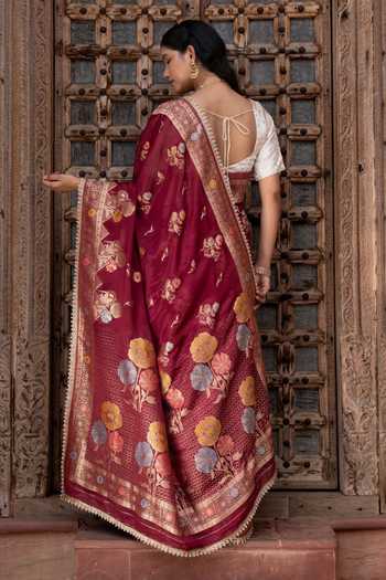 Shop_Zal From Benaras_Maroon Chiffon Handloom Saree With Unstitched Blouse Fabric _at_Aza_Fashions
