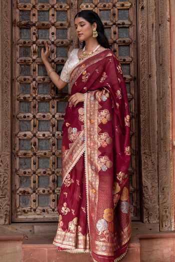 Shop_Zal From Benaras_Maroon Chiffon Handloom Saree With Unstitched Blouse Fabric _Online_at_Aza_Fashions