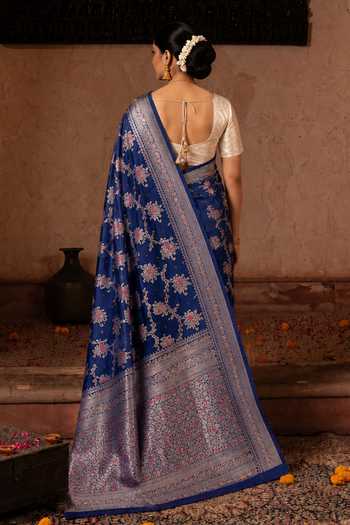 Shop_Zal From Benaras_Blue Silk Handloom Saree With Unstitched Blouse Fabric _at_Aza_Fashions