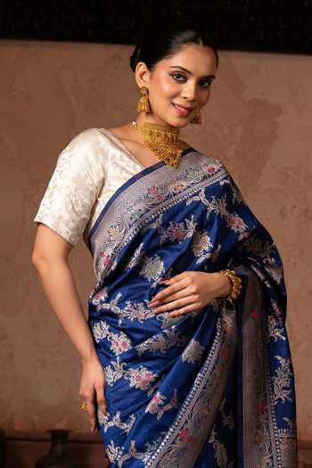 Zal From Benaras_Blue Silk Handloom Saree With Unstitched Blouse Fabric _Online_at_Aza_Fashions