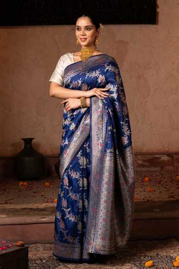 Buy_Zal From Benaras_Blue Silk Handloom Saree With Unstitched Blouse Fabric _Online_at_Aza_Fashions