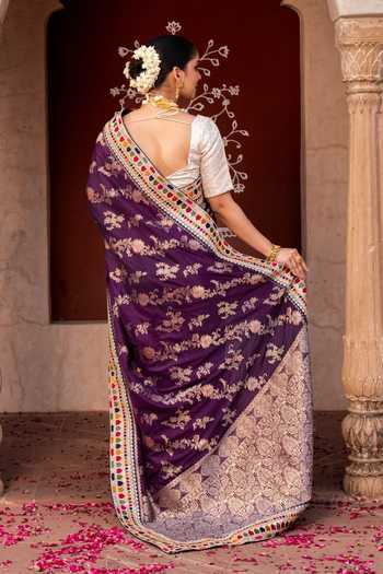 Shop_Zal From Benaras_Purple Silk Handloom Saree With Unstitched Blouse Fabric _at_Aza_Fashions