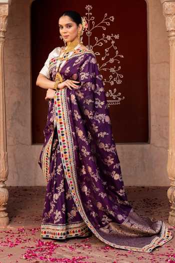 Zal From Benaras_Purple Silk Handloom Saree With Unstitched Blouse Fabric _Online_at_Aza_Fashions