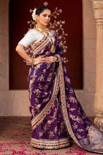 Buy_Zal From Benaras_Purple Silk Handloom Saree With Unstitched Blouse Fabric _Online_at_Aza_Fashions