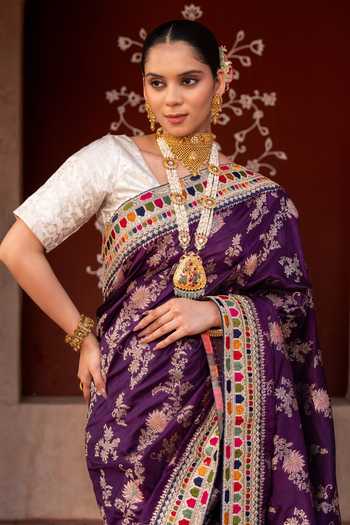 Shop_Zal From Benaras_Purple Silk Handloom Saree With Unstitched Blouse Fabric _Online_at_Aza_Fashions