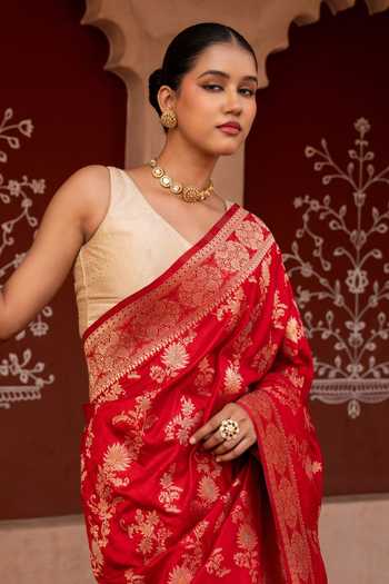 Zal From Benaras_Red Silk Handloom Saree With Unstitched Blouse Fabric _Online_at_Aza_Fashions