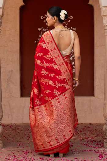 Shop_Zal From Benaras_Red Silk Handloom Saree With Unstitched Blouse Fabric _at_Aza_Fashions