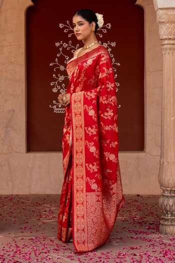 Buy_Zal From Benaras_Red Silk Handloom Saree With Unstitched Blouse Fabric _Online_at_Aza_Fashions