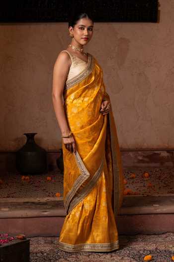 Zal From Benaras_Yellow Silk Handloom Saree With Unstitched Blouse Fabric _Online_at_Aza_Fashions