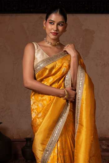 Buy_Zal From Benaras_Yellow Silk Handloom Saree With Unstitched Blouse Fabric _Online_at_Aza_Fashions