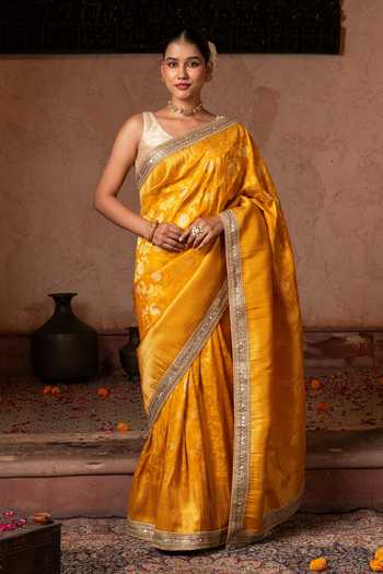 Buy_Zal From Benaras_Yellow Silk Handloom Saree With Unstitched Blouse Fabric _at_Aza_Fashions