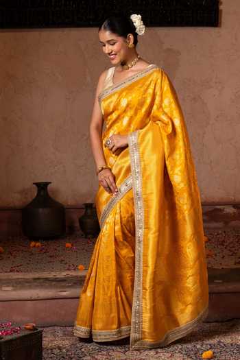 Shop_Zal From Benaras_Yellow Silk Handloom Saree With Unstitched Blouse Fabric _Online_at_Aza_Fashions