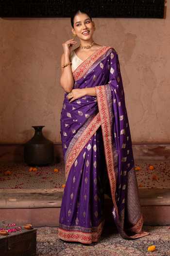 Buy_Zal From Benaras_Purple Silk Handloom Saree With Unstitched Blouse Fabric _at_Aza_Fashions
