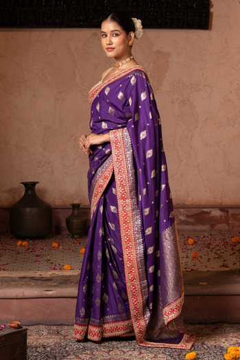 Buy_Zal From Benaras_Purple Silk Handloom Saree With Unstitched Blouse Fabric _Online_at_Aza_Fashions