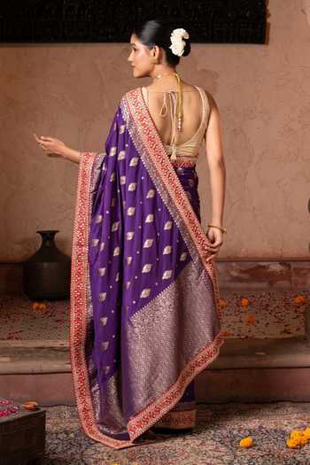 Shop_Zal From Benaras_Purple Silk Handloom Saree With Unstitched Blouse Fabric _at_Aza_Fashions
