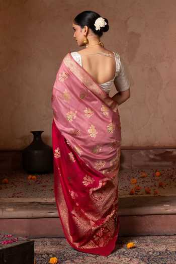 Shop_Zal From Benaras_Red Silk Banarasi Handloom Saree With Unstitched Blouse Fabric _at_Aza_Fashions